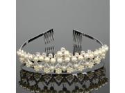 Imitated Pearl Alloy Crown Hair Comb Pin with Rhinestone Decoration Silver