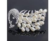 Rhinestone and Pearl Peacock Style Wedding Bridal Crown Tiara Hair Comb Silvery White 17