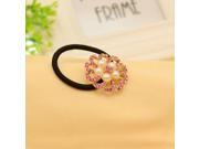 Korean Fashion Luxurious Alloy Flower Shape Artificial Pearl Rhinestoned Leather Hair Rope Rose Red