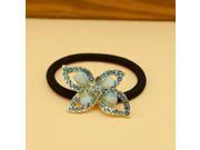 Graceful Hollow out Rhinestoned Four petal Flower Pendant Leather Hair Rope Light Blue