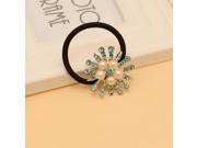 High end Luxurious Alloy Chrysanthemum shaped Pendant Artificial Pearl Rhinestoned Leather Hair Rope Light Blue