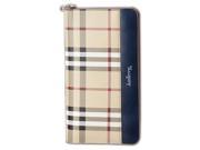Casual Style Check Pattern Genuine Leather Long Zip Man Wallet Creamy White