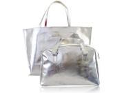 Two piece Fashion Elegant Glossy Pure Color Large Capacity PU Women’s Handbag Set Silver