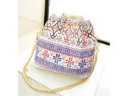 Ethnic Style Print Chained Drawstring Closure Canvas Woman Shoulder Bag Multicolor