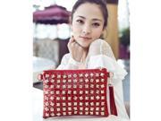 Fashion Envelope Shape Stone Grain Rivets Decorated Zipper Closure PU Women’s Clutch Handbag Wine Red