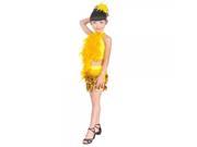 A015 Leather Coatee Paillette Skirt Latin Dance Dress Performance Dancewear for 150cm Children Yellow