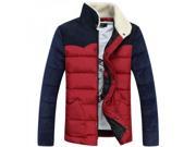 Korean Style Quilted Patchwork Stand Collar Extra Thick Zip Man Jacket Red M