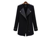 Fashion Slim Color matching Zipper Decorated Leather Lapel Long Sleeve Woolen Women’s Coat Black S