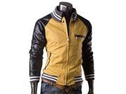 Splicing Style PU Leather Raglan Sleeve Men’s Leisure Jacket Yellow M