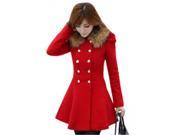 Long Slim Pure Color Double Breasted Furry Round Neck Long Sleeve Women’s Coat Red M