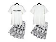 New 2 Piece Summer Round Collar Short Sleeve T shirt Printed Pattern Pleated Skirt Women Suit White S