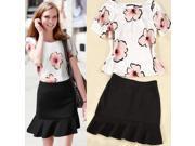 European Style Floral Print Short Sleeve Top and Midi Peplum Hem Skirt Woman Two piece Set S