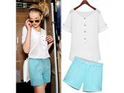 European Style Loose Fitting Short Sleeve Shirt and Shorts Woman Two piece Set White Blue S