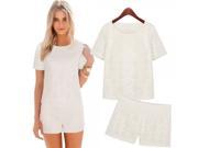 Fashion Two piece Hollow out Round Neck Short Sleeve Chiffon Women’s Suit White S