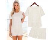European Style Pure Color Hollow Chiffon Top and Shorts Woman Two piece Set White S