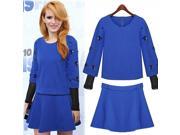Fashion False Two piece Rhinestone Decorated Round Neck Long Sleeve Cotton Women’s Hoody Skirt Blue S