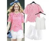 Lace Embroidery and Polyester Shirt Camisole Shorts Set Pink White S
