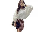 Round Collar Balloon Batwing Sleeve Shirt Check Pattern High waisted Zippered Bubble Skirt Women Suit White Red Free Size