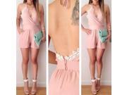 New Sexy Lace Backless Halterneck Style Waist tightened Acrylic Fibers Jumpsuit Pink S