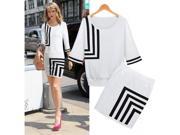 Fashion Geometric Stripe Pattern Round Neck Medium Sleeve Knitting Women’s Sweater Skirt White M