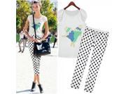 Fashion Round Neck Short Sleeve Sparse Woven Cotton Women’s T shirt with Dot Pattern Cropped Pants White S