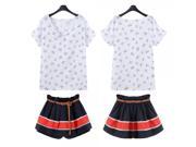 European Style Horse Pattern Short Sleeve Top and Pleat Skort Two piece Set with Waistbelt White and Dark Blue S