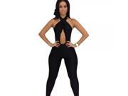 Dear Lover Sexy Polyester Halter Crossover Sleeveless Backless Women Cat Suit Black