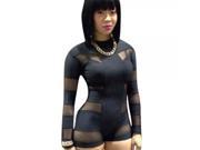 New Casual Hollow out Tight Round Neck Long Sleeve Gauze Catsuits Short Jumpsuits Black