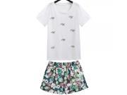 6646 European Style Three dimensional Pony Embroidery Short Sleeve T shirt and Flower Printing Shorts Two piece Set