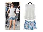 New 6205 2 Piece Summer 2 Layer Slit Style Cotton Chiffon Shirt Hot Printed Shorts Women Suit White
