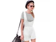 European Style Stripe Short Sleeve T shirt and Playsuit Two piece Set White S
