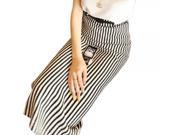 European Style Vertical Stripe Bodycon Midi Skirt with Orange Belt Black White Free Size