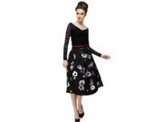 Retro Style White Flowers Pattern High waisted A line Skirt Black S