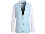 Graceful Color Spliced V neck Long Sleeve Cotton Men’s Suit Coat Light Blue M