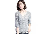 Korean Style Leisure Hollow out Hemp Flower Knitting V neck Batwing sleeved T shirt Light Gray Free Size