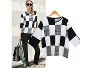 Fashion Check Pattern Round Neck Batwing Sleeve Blended Fabric Women’s Knitwear Black White Free Size