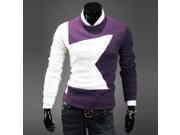 Star Pattern Color Patchwork Round Neck Man Pullover Sweater Purple M