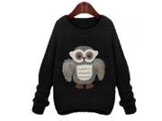 Peculiar Loose Style Owl Pattern Round Neck Batwing Sleeve Thickened Sweater Black Free Size