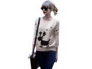 Sweet Deerlet Pattern Soft Long Sleeve Women Pullover Sweater Beige Free Size