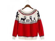 Fashion Casual Cartoon Deer Jacquard Pattern Round Neck Long Sleeve Women’s Sweater White Free Size