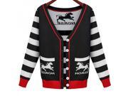 Fashion Horse Pattern Front Large V neck Stripe Pattern Long Sleeve Women’s Knitwear Black XL