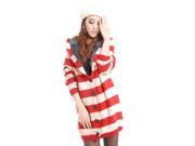 Autumn Winter Korean Style Stripes Pattern Downy Hooded Sweater Coat Red Free Size