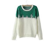 Fashion Slim Color jointing Christmas Tree Pattern Round Neck Long Sleeve Women’s Sweater Green Free Size