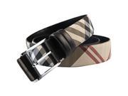 Men’s Business Style Checks Pattern Leather Belt with Pin Buckle Coffee