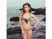 Sexy Lady Striped Lacing Halter Padded Bra Bikini 2 PCS Swimsuit Swimwear L Black