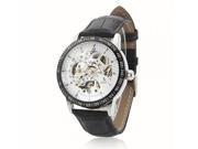 Hollow Dial Luminous Pointer Steel Genuine Leather Band Mechanical Watch White and Silver