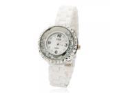 Gedi Ceramic Water proof Rolling Rhinestone Decorated Round Dial Unisex Wrist Watch Silver Dial White Band