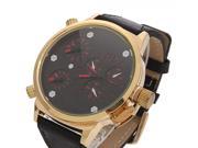 3 Timezones Dual Movements Golden Thickened Alloy Case Male Watch with Black PU Band