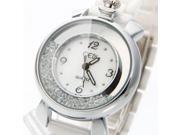 Gedi 2739 Ceramic Water proof Rhinestone Decorated Small Round Dial Unisex Wrist Watch Silver Dial White Band