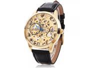 Hollow out Golden Round Dial Blue Pointer Mechanical Movement Waterproof Men’s Watch with Black Leather Watchband